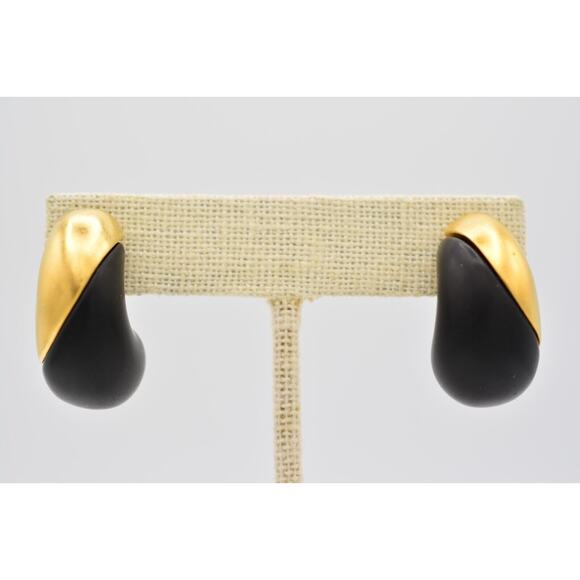 Givenchy Vintage Clip Earrings Brushed Gold Black Hoop Chunky Signed 1980s BinAK - Picture 1 of 12
